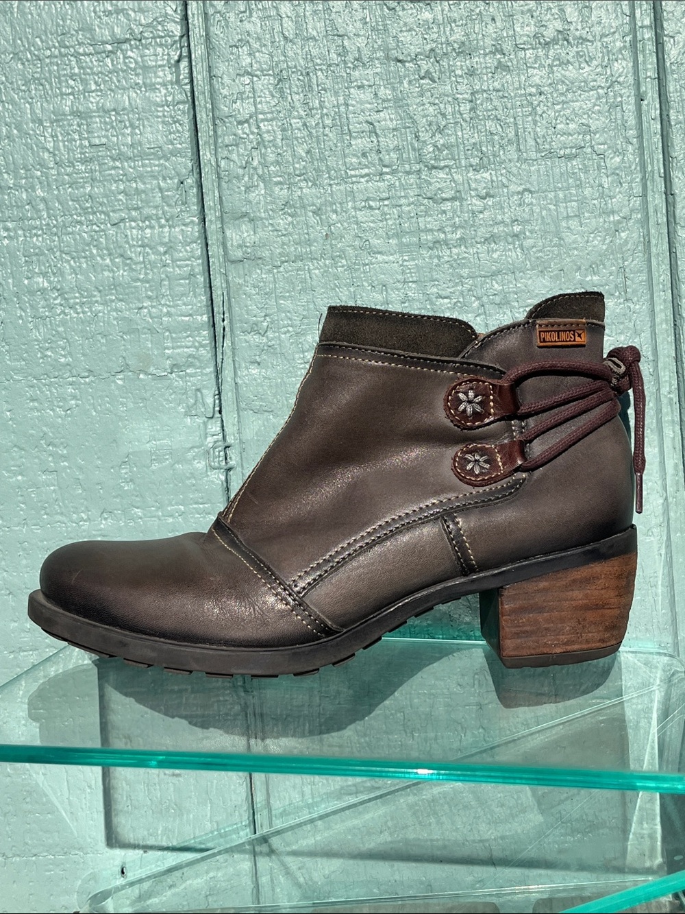 PIKOLINOS Brown Leather Ankle Boot with Side Lace Accent